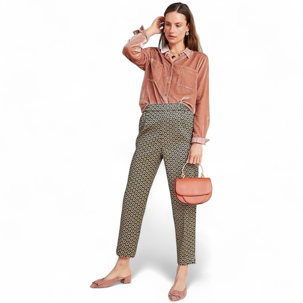 ANTHROPOLOGIE Larkin Gold Jacquard Trousers Pull-on Pant High Waist